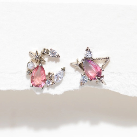 Silver Hoop Earrings with Pink Gemstones - Picture 3 of 4